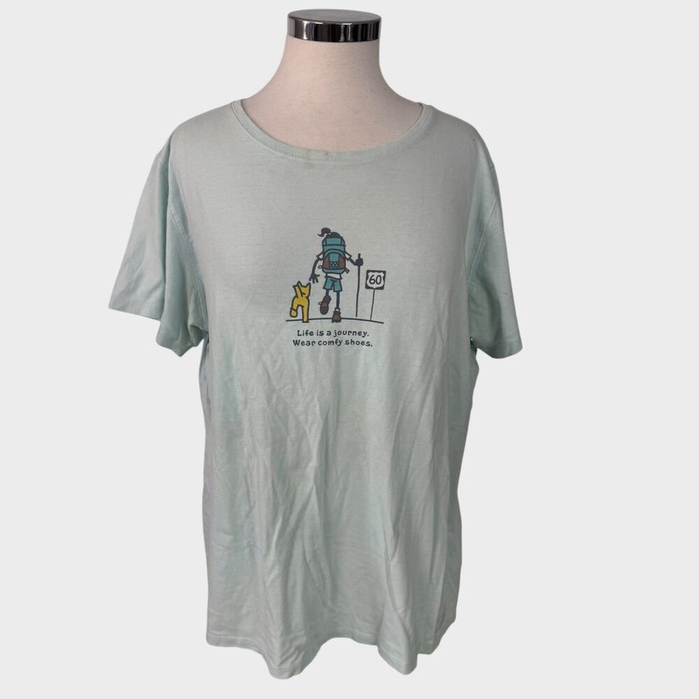 Life is Good Womens XL Vintage Short Sleeve TShirt Hiking with Dog Green